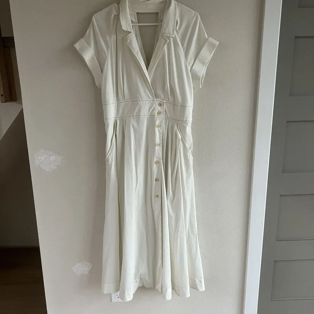 Maeve Anthropologie Poplin Shirt Dress Women’s 14 Midi White Collared V Neck - Picture 2 of 14
